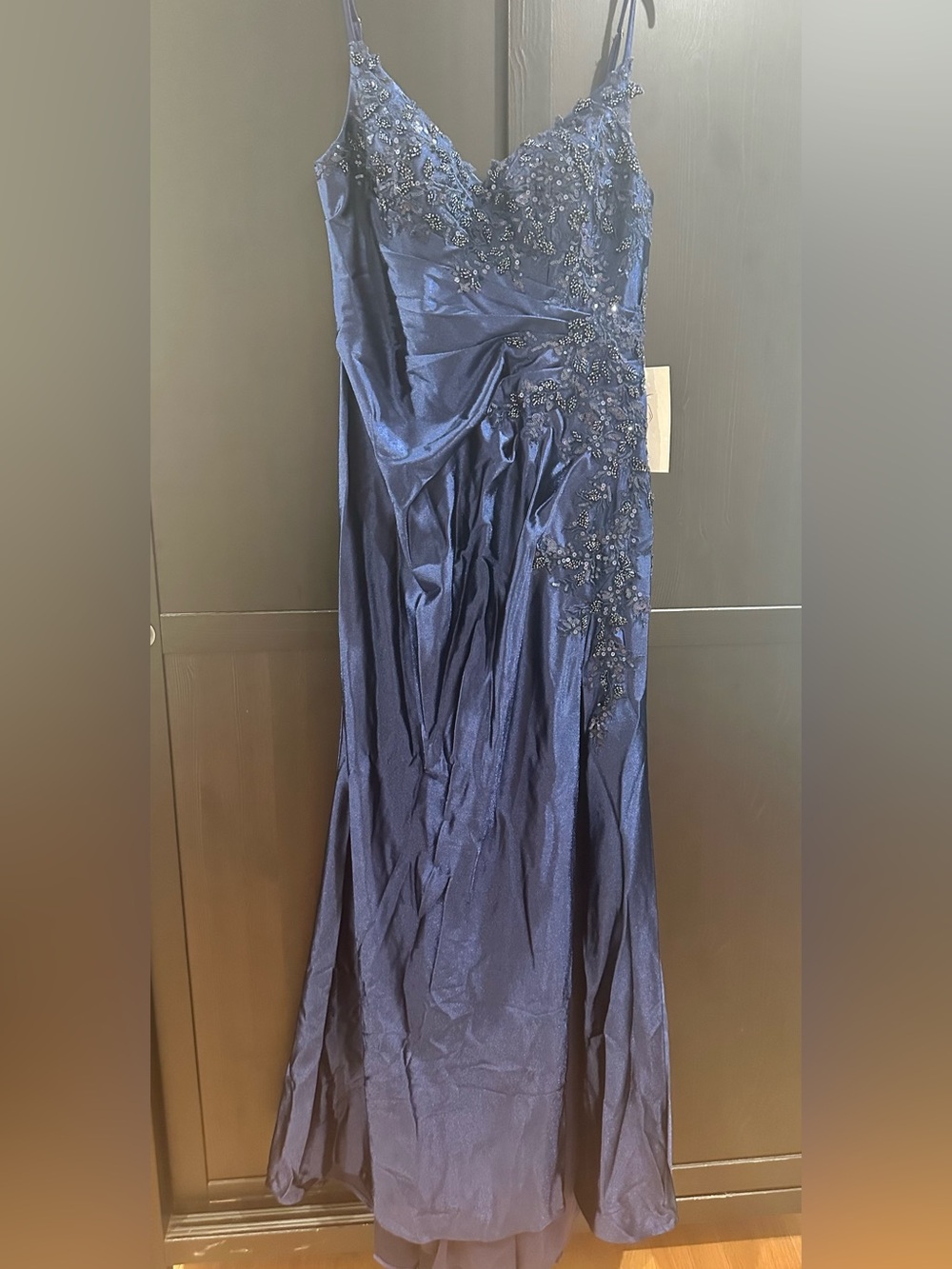 Elegant Beaded Navy Evening Gown - V-Neck Formal Dress